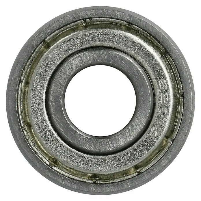 Kugellager 6201-ZZ - Durchmesser: 32 mm, Breite: 10 mm, Durchmesser Achsloch: 12 mm - Nahaufnahme eines silbernen Kugellagers, das für reibungslose Drehungen und Bewegungen in verschiedenen Anwendungen verwendet wird.