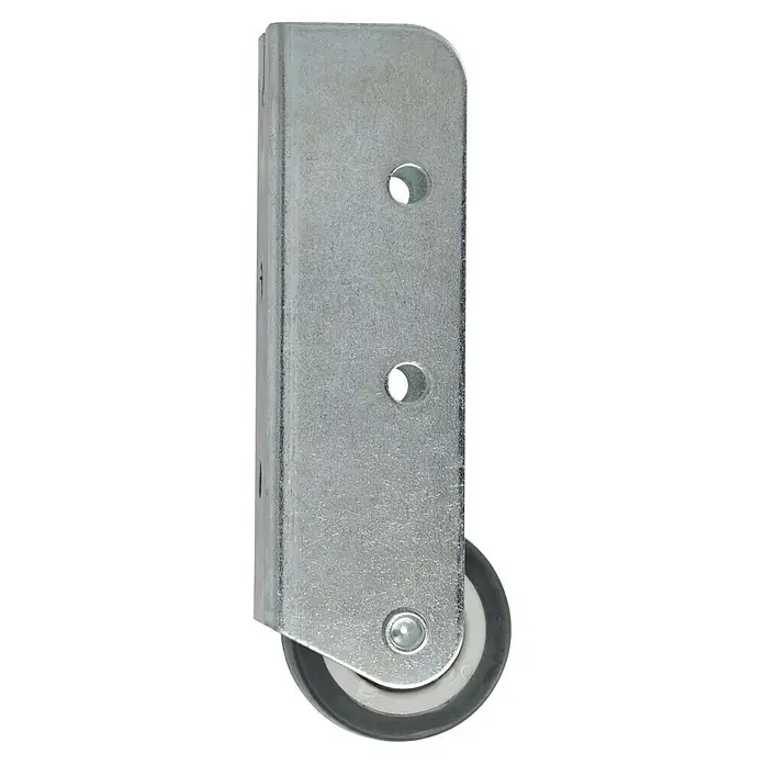 Stabilit Möbel-Bockrolle - Durchmesser Rollen: 38 mm, Traglast: 45 kg, Gleitlager, Mit Platte - Nahaufnahme eines Möbelrollenbeschlags aus Metall mit grauem Rad und Befestigungslöchern. Ideal für Möbelbeweglichkeit.