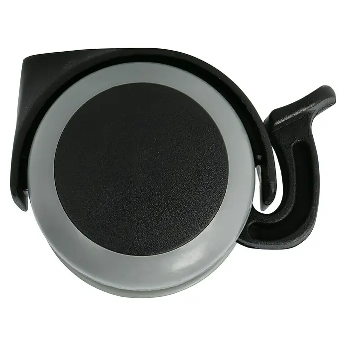 Stabilit Doppelrolle - Durchmesser Rollen: 50 mm, Traglast: 40 kg, Gleitlager, Mit Rückenloch und Feststeller, Durchmesser Rückenloch: 8 mm - Nahaufnahme eines Bandmaßes mit schwarzem Gehäuse und grauem Rand, das für präzise Messungen und praktische Anwendung konzipiert ist.