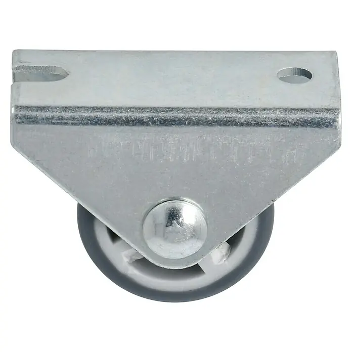 Stabilit Möbel-Bockrolle - Durchmesser Rollen: 25 mm, Traglast: 30 kg, Gleitlager, Mit Platte - Nahaufnahme eines grauen Möbelrollenrades, das an einer Metallhalterung befestigt ist und sich ideal für Büromöbel eignet.