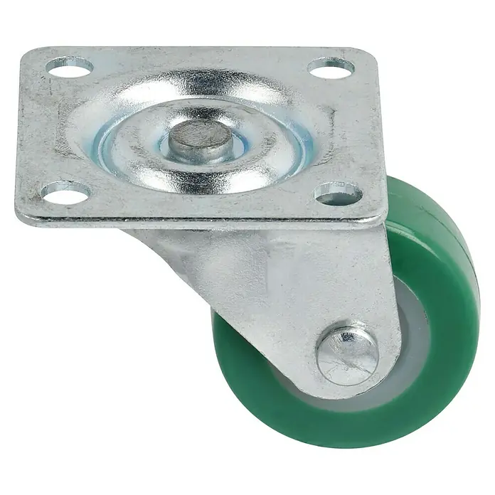 Dörner & Helmer Möbel-Lenkrolle - Durchmesser Rollen: 30 mm, Traglast: 20 kg, Gleitlager, Mit Platte, Farbe Rad: Grün - Lenkrolle mit grüner Rolle und einer Montageplatte mit vier Löchern zur Befestigung. Robust und vielseitig einsetzbar.