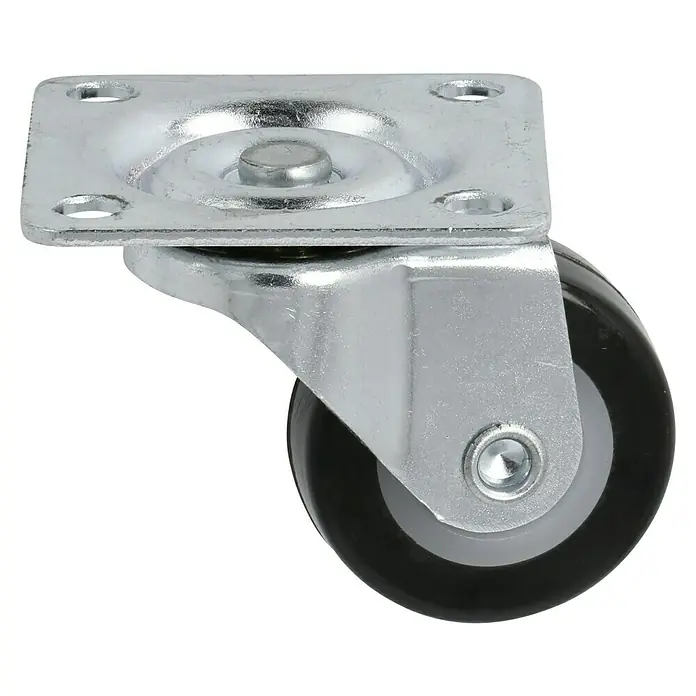 Dörner & Helmer Möbel-Lenkrolle - Durchmesser Rollen: 30 mm, Traglast: 20 kg, Gleitlager, Mit Platte, Farbe Rad: Schwarz - Nahaufnahme eines Lenkrolle mit Montageplatte, ideal für Möbel oder Geräte, die Mobilität benötigen.