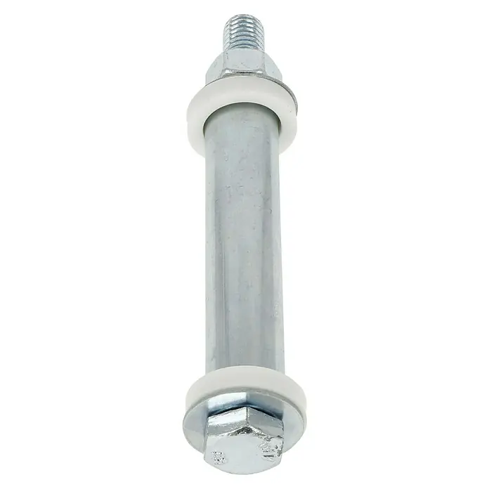 Dörner & Helmer Befestigungs-Set - Nabenlänge: 88 cm, Bohrung: 20 mm - Detailaufnahme eines Bolzens mit Gewinde, Unterlegscheiben und Mutter. Das Metallteil wird durch weiße Kunststoffringe ergänzt.