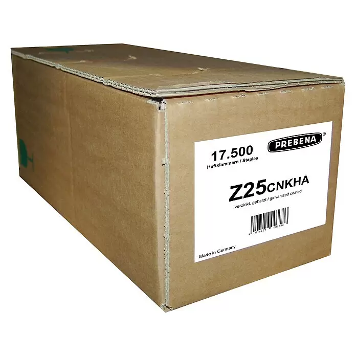 Prebena Heftklammer Typ Z - Länge: 25 mm, Rückenbreite: 11,2 mm, 17.500 Stk. - Brauner Karton mit 17.500 PREBENA Z25cNKHA verzinkten und geharzten Heftklammern, Made in Germany.