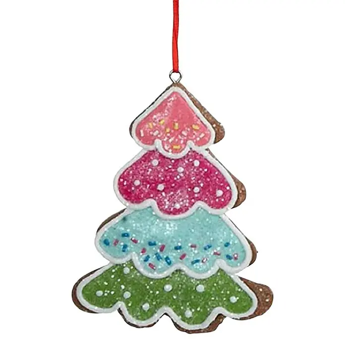 Kurt S. Adler Christbaumschmuck Lebkuchenbaum - Braun, Kunststoff, 8,99 x 8,26 x 8,99 cm - Farbenfroher Lebkuchen-Weihnachtsbaum-Ornament, verziert mit Zuckerguss und Glitzer, an einem roten Band.