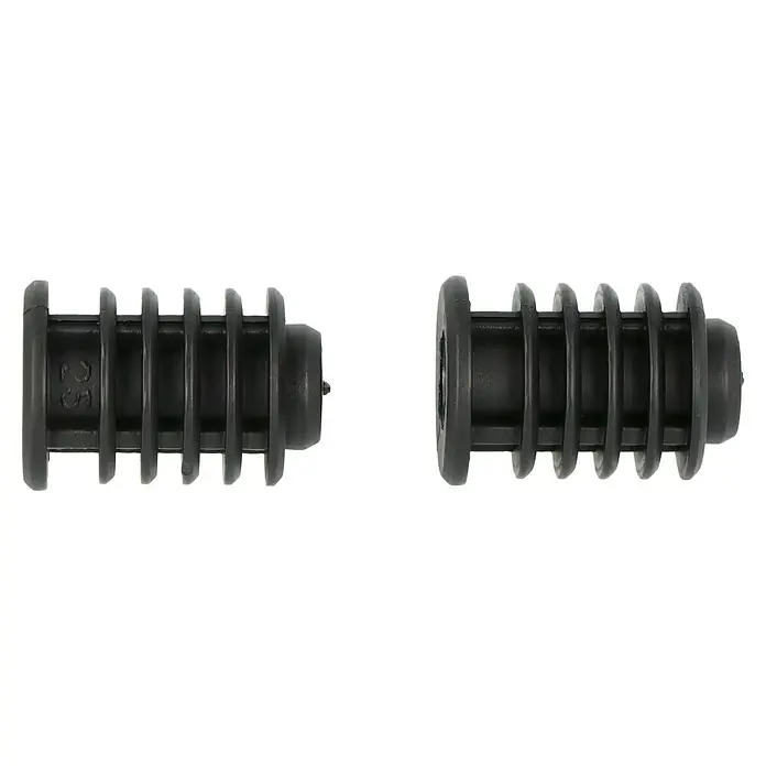Dörner & Helmer Kunststoffhülse - Ø x L: 25 x 37 mm, 2 Stk. - Dargestellt sind zwei schwarze, gerippte Kunststoffkappen, die sich ideal für verschiedene Anwendungen eignen.