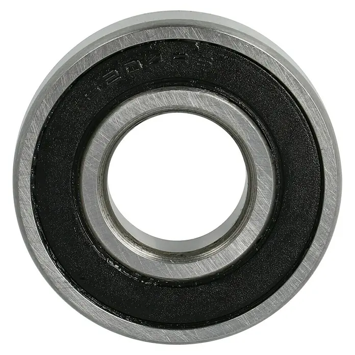 Kugellager 6204-2RS - Durchmesser: 47 mm, Breite: 14 mm, Durchmesser Achsloch: 20 mm - Nahaufnahme eines abgedichteten Kugellagers mit gut sichtbaren Details zu seiner Konstruktion und Beschaffenheit.