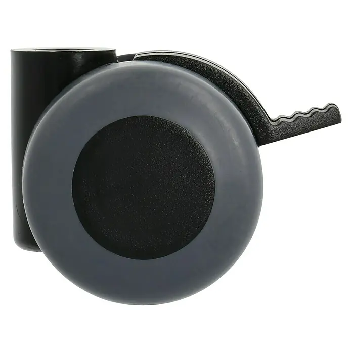 Stabilit Parkett-Containerrolle - Durchmesser Rollen: 35 mm, Traglast: 70 kg, Gleitlager, Mit Rückenloch und Feststeller, Durchmesser Rückenloch: 8 mm - Nahaufnahme eines Bürostuhlrads mit Feststellbremse. Das Rad ist grau mit einem schwarzen Mittelteil und einer Feststellvorrichtung.