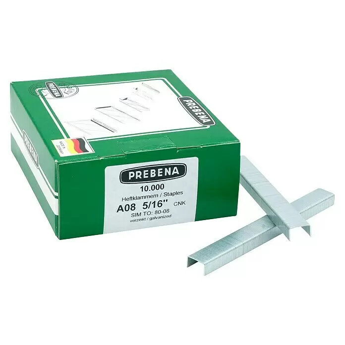 Prebena Heftklammer Typ A - Länge: 8 mm, Rückenbreite: 12,9 mm, 1.000 Stk. - Grüne PREBENA A08 5/16" verzinkte Heftklammern, 10.000 Stück, mit zwei Klammerleisten daneben.