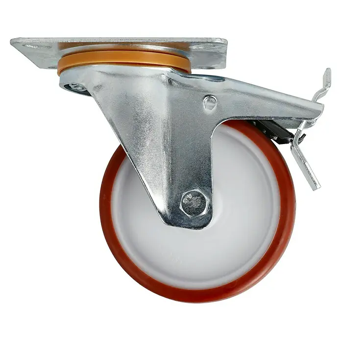Stabilit Transportgeräterolle - Durchmesser Rollen: 100 mm, Traglast: 150 kg, Gleitlager, Mit Platte und Feststeller - Drehbare Schwerlastrolle mit Bremse, ideal für Werkstattwagen und Möbel. Die robuste Konstruktion sorgt für hohe Stabilität und lange Lebensdauer.