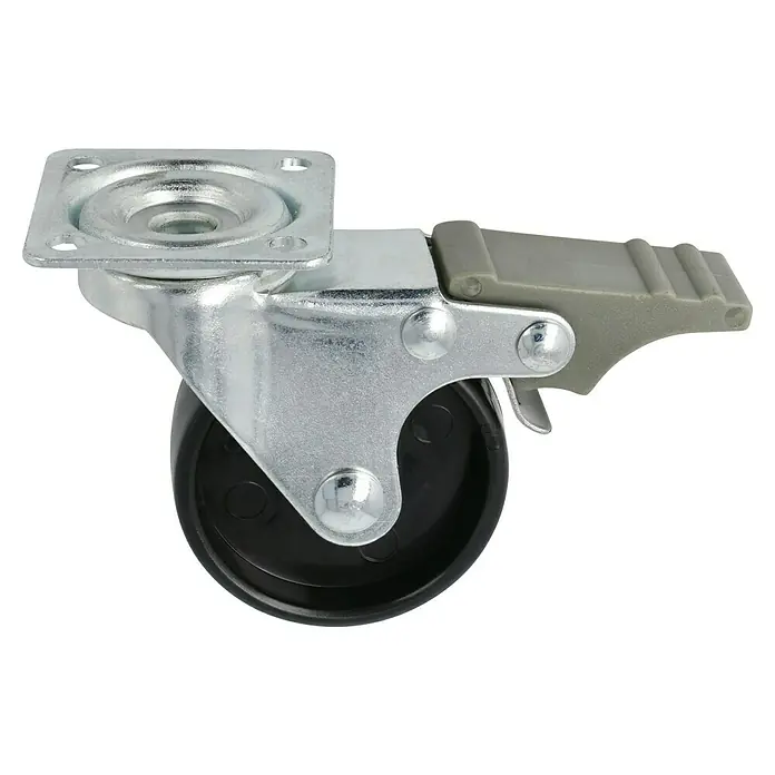 Stabilit Möbel-Lenkrolle - 50 mm, Traglast: 35 kg, Gleitlager, Höhe: 66 mm, Mit Platte und Feststeller - Nahaufnahme eines Lenkrollenrades mit Bremse, ideal für Möbel oder Geräte, robust und zuverlässig für den täglichen Gebrauch.