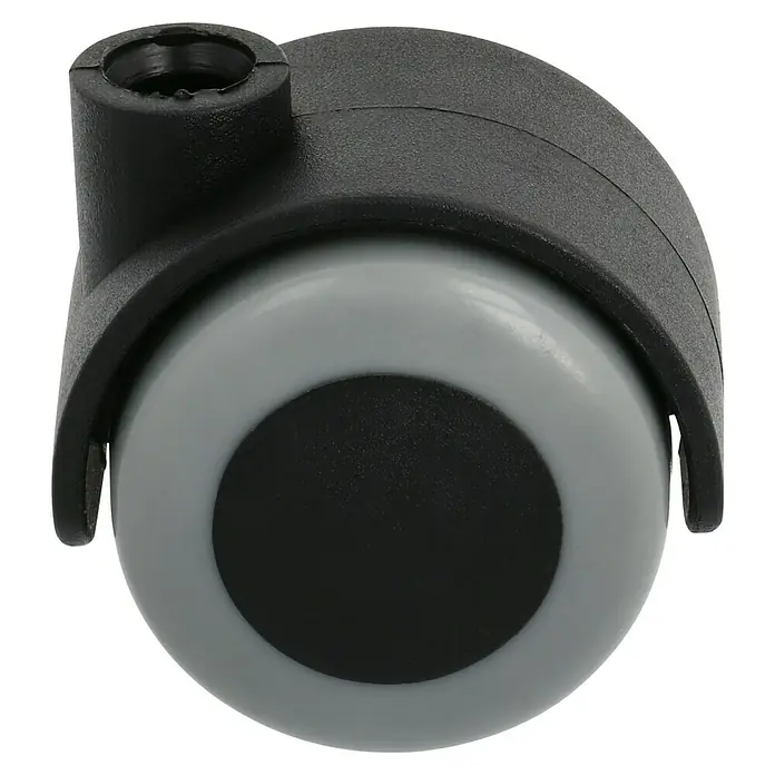 Stabilit Doppelrolle - Durchmesser Rollen: 40 mm, Traglast: 30 kg, Gleitlager, Mit Rückenloch, Durchmesser Rückenloch: 8 mm - Nahaufnahme eines Lenkrollenrades mit schwarzer Halterung und grauem Rad mit schwarzem Mittelteil.