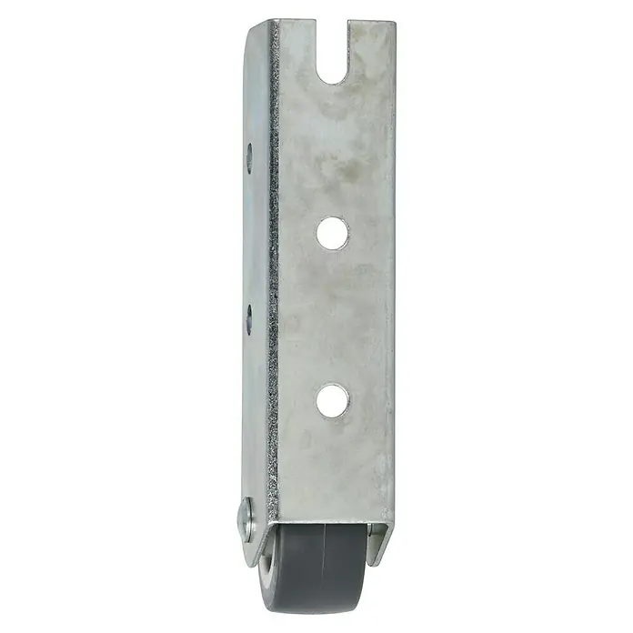 Stabilit Möbel-Bockrolle - Durchmesser Rollen: 38 mm, Traglast: 45 kg, Gleitlager, Mit Platte - Das Bild zeigt eine Seitenansicht eines industriellen Lenkrads mit einem grauen Rad und einer Metallhalterung mit Löchern.