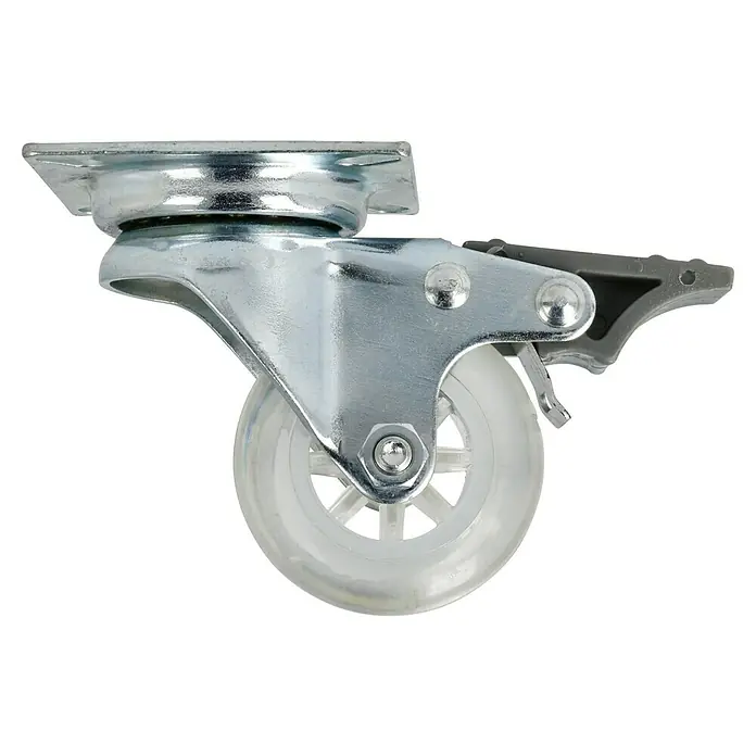 Dörner & Helmer Design-Lenkrolle - Durchmesser Rollen: 50 mm, Traglast: 40 kg, Gleitlager - Nahaufnahme eines transparenten Möbelrades mit Feststellbremse, ideal für den flexiblen und sicheren Einsatz im Büro oder Zuhause.