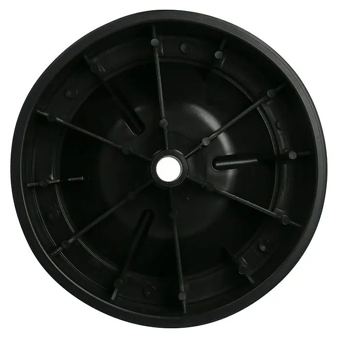 Dörner & Helmer Leichtes Rad - Durchmesser: 150 mm, Traglast: 30 kg, Gleitlager, Rillenprofil - Schwarzes Kunststoffrad mit speichenähnlichen Verstrebungen und einer zentralen Achsbohrung, ideal für leichte Anwendungen.