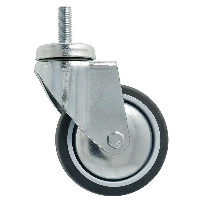 Dörner & Helmer Apparate-Lenkrolle - Traglast: 50 kg, Gleitlager, Mit Gewindestift - Nahaufnahme einer Lenkrolle mit Gewindestift und grauem Rad, ideal für Möbel und Geräte. Robust und vielseitig für verschiedene Anwendungen.