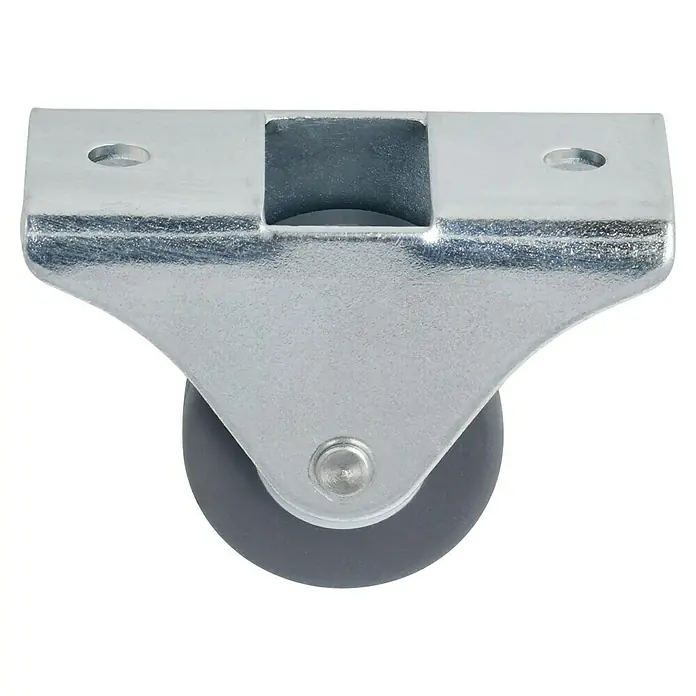 Stabilit Möbel-Doppelbockrolle - Durchmesser Rollen: 25 mm, Traglast: 55 kg, Gleitlager, Mit Platte - Das Bild zeigt ein Rollenlager mit einer Halterung aus Metall und einem grauen Rad. Das Rollenlager ist für Möbel und andere Anwendungen geeignet.