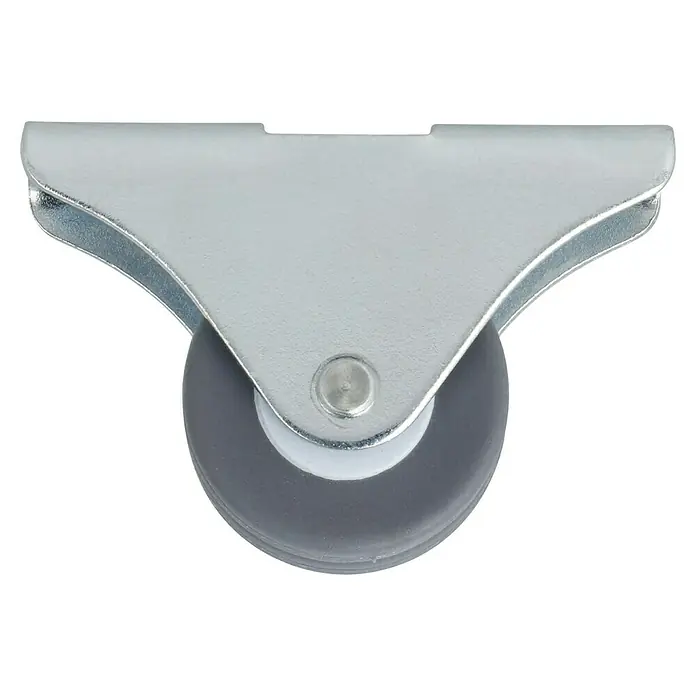 Stabilit Möbel-Doppelbockrolle - Durchmesser Rollen: 25 mm, Traglast: 55 kg, Gleitlager, Mit Platte - Nahaufnahme eines Möbelrollers mit einer grauen Rolle und einer silbernen Metallhalterung auf einem schwarzen Hintergrund.