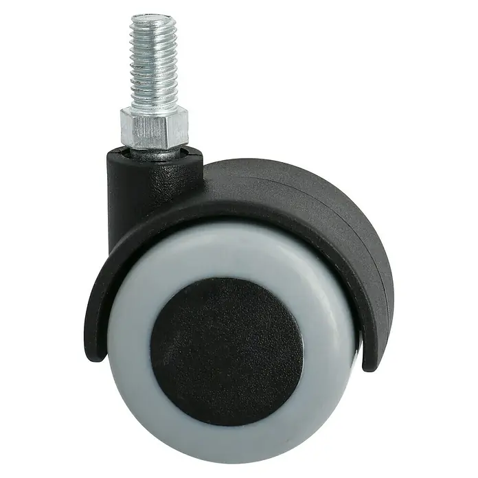 Stabilit Doppelrolle - Durchmesser Rollen: 40 mm, Traglast: 30 kg, Gleitlager, Mit Rückenloch und Feststeller, Durchmesser Rückenloch: 8 mm - Nahaufnahme eines Möbelrades mit Gewindestift. Das Rad hat eine graue Felge und eine schwarze Lauffläche.