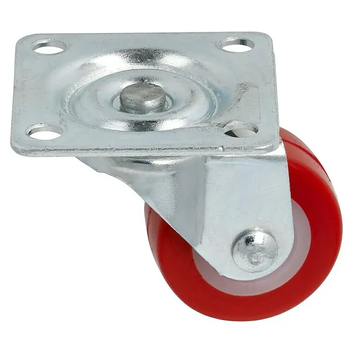 Dörner & Helmer Möbel-Lenkrolle - Durchmesser Rollen: 30 mm, Traglast: 20 kg, Gleitlager, Mit Platte, Farbe Rad: Rot - Eine Nahaufnahme einer Lenkrolle mit rotem Rad und einer quadratischen Montageplatte.