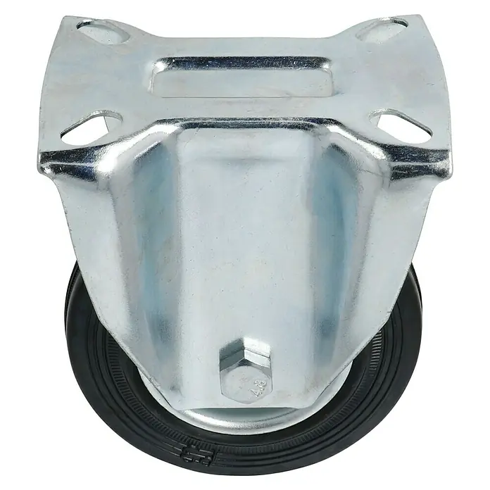 Stabilit Transportgeräte-Bockrolle - Durchmesser Rollen: 100 mm, Traglast: 70 kg, Rollenlager, Höhe: 128 mm - Nahaufnahme eines Schwerlastrollenrades aus Metall und Gummi, das für seine Stabilität und Haltbarkeit bekannt ist.