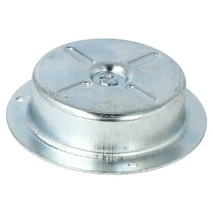 Dörner & Helmer Bohrsenkrolle - Ø x H: 104 x 40 mm, Traglast: 70 kg, Gleitlager - Nahaufnahme einer runden, metallenen Montageplatte mit einer Schraube in der Mitte, ideal für verschiedene Befestigungsanwendungen.