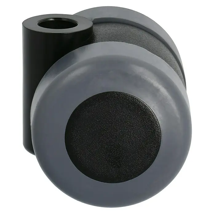 Stabilit Parkett-ContainerrolleTraglast: 70 kg, Schwarz, Thermoplastische Elastomere (TPE) - Nahaufnahme eines Bürostuhlrads in Grau und Schwarz, das auf einem schwarzen Hintergrund isoliert ist.