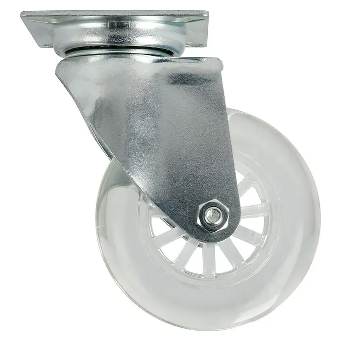 Dörner & Helmer Design-Lenkrolle - Durchmesser Rollen: 75 mm, Traglast: 50 kg, Gleitlager, Mit Platte - Lenkrolle mit klarer Polyurethan-Rolle und verzinktem Gehäuse für Möbel und Geräte.