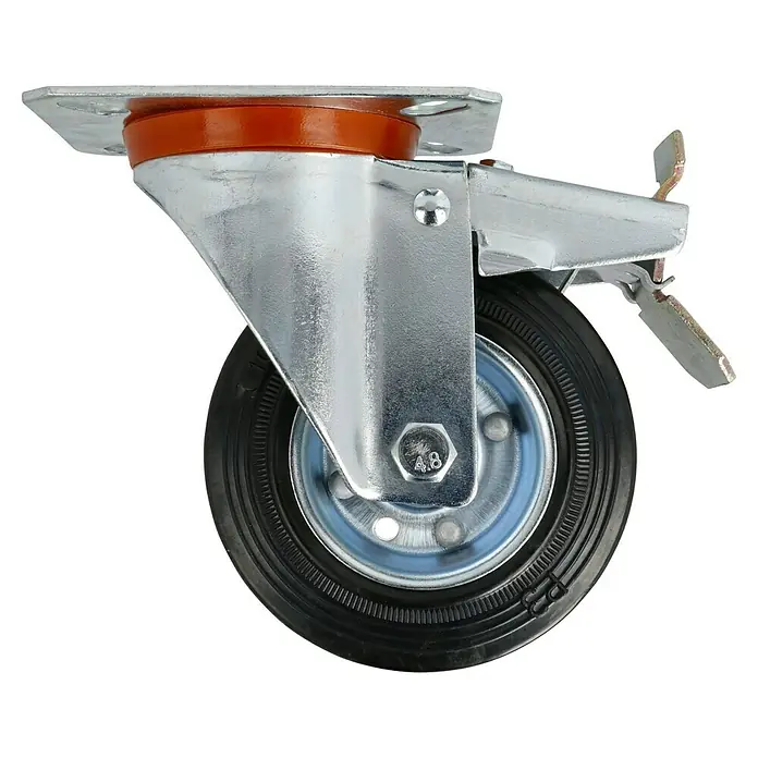 Stabilit TransportgeräterolleDurchmesser Rollen: 100 mm, Traglast: 70 kg, Rollenlager, Mit Platte und Feststeller - Nahaufnahme eines schwenkbaren Schwerlastrades mit Bremse, ideal für industrielle Anwendungen.