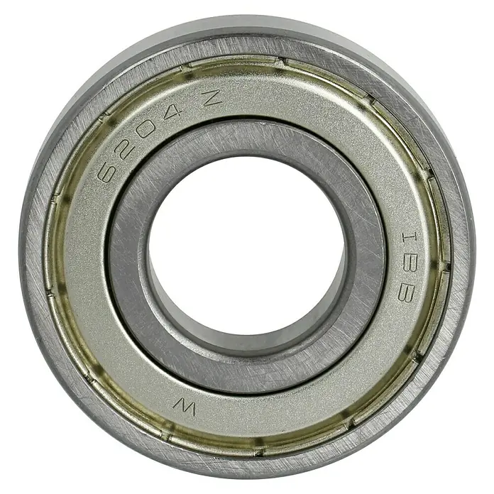 Kugellager 6204-ZZ - Durchmesser: 47 mm, Breite: 14 mm, Durchmesser Achsloch: 20 mm - Detailaufnahme eines Kugellagers mit der Bezeichnung 6204 Z IBB W, ideal für Maschinen und Geräte.