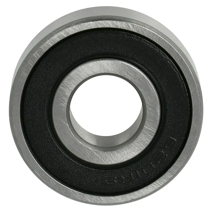 Kugellager 6201-2RS - Durchmesser: 32 mm, Breite: 10 mm, Durchmesser Achsloch: 12 mm - Detailaufnahme eines robusten Kugellagers mit Metallgehäuse und schwarzem Dichtungsring für präzise Rotation.