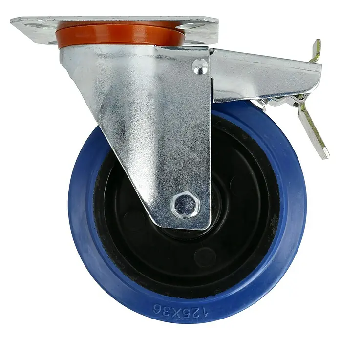 Dörner & Helmer Transportgeräterolle - Durchmesser Rollen: 125 mm, Traglast: 200 kg, Rollenlager, Mit Platte und Feststeller - Schwenkrolle mit blauer Lauffläche und Feststellbremse, ideal für Möbel und Geräte. Robuste Ausführung für hohe Belastbarkeit.