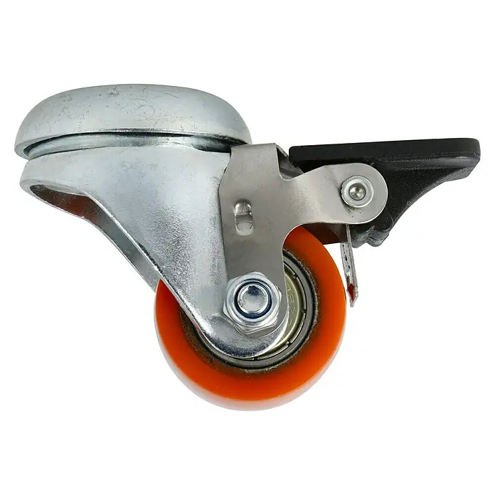 Dörner & Helmer Schwerlastrolle - Durchmesser Rollen: 35 mm, Traglast: 100 kg, Kugellager, Mit Rückenloch und Feststeller - Nahaufnahme einer Lenkrolle mit Bremse und orangefarbenem Rad. Das Gehäuse ist aus glänzendem Metall gefertigt.