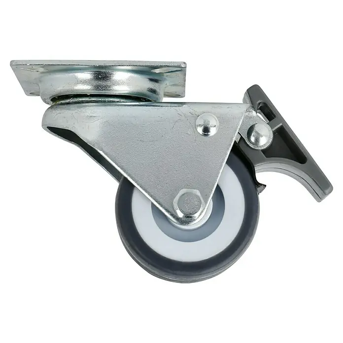 Dörner & Helmer Apparate-Doppelrolle - Durchmesser Rollen: 50 mm, Traglast: 80 kg, Gleitlager, Mit Platte und Feststeller - Detailaufnahme einer Lenkrolle mit Bremse, ideal für Möbel oder Geräte, die Flexibilität und sicheren Stand benötigen.