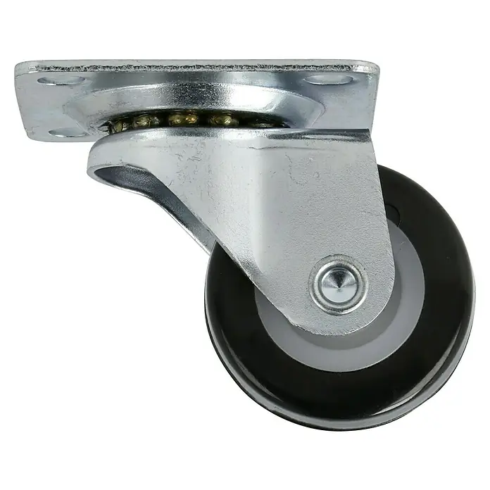 Dörner & Helmer Möbel-Lenkrolle - Durchmesser Rollen: 30 mm, Traglast: 20 kg, Gleitlager, Mit Platte, Farbe Rad: Schwarz - Nahaufnahme eines robusten Möbelrades mit silberner Halterung und einem Rad mit grauer Nabe und schwarzer Lauffläche.