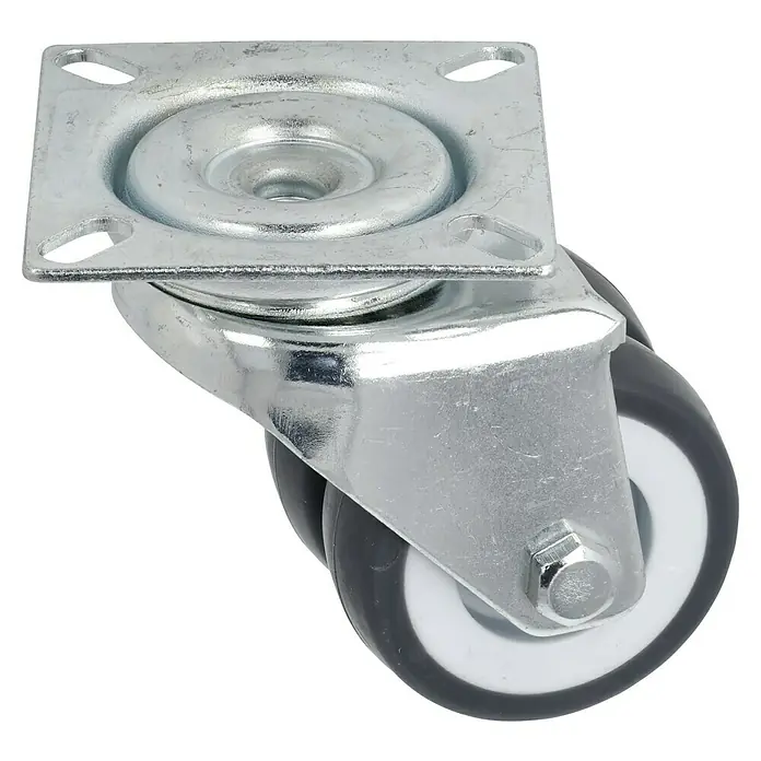 Dörner & Helmer Apparate-Doppelrolle - Durchmesser Rollen: 50 mm, Traglast: 80 kg, Gleitlager, Mit Platte - Nahaufnahme eines Lenkrollenrads mit einer Metallhalterung, das für Möbel oder Geräte verwendet wird.