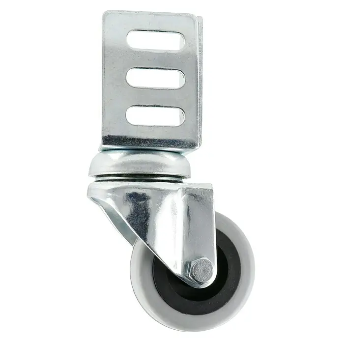 Stabilit Apparate-Lenkrolle - Durchmesser Rollen: 50 mm, Traglast: 40 kg, Material Rad: Gummi, Mit Winkelblech, Gleitlager - Nahaufnahme eines Lenkrolle mit Grau- und Schwarztönen, mit einer Metallhalterung und Befestigungslöchern, ideal für Möbel und Geräte.
