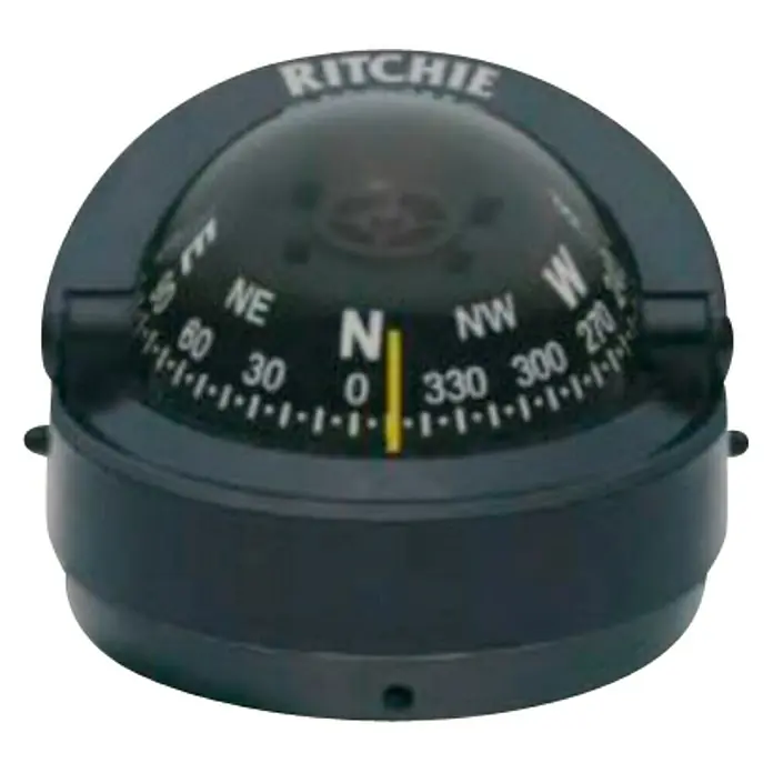 Brújula S-53 - Diámetro rosa: 70 mm, Apto para: Embarcaciones pequeñas - Primer plano de una brújula de navegación Ritchie negra para barcos, que muestra claramente la dirección norte y escala fácil de leer.