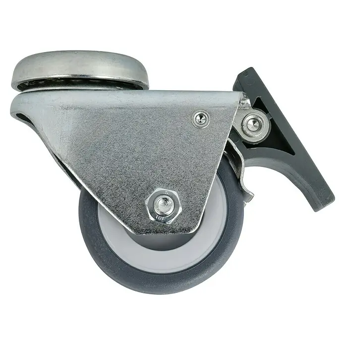 Dörner & Helmer Apparate-Doppelrolle - Durchmesser Rollen: 50 mm, Traglast: 80 kg, Gleitlager, Mit Rückenloch und Feststeller - Nahaufnahme eines feststellbaren Schwenkrads, das für Möbel oder Geräte verwendet wird, mit einer grauen Polyurethanrolle.