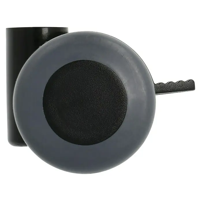 Stabilit Parkett-Containerrolle - Durchmesser Rollen: 35 mm, Traglast: 70 kg, Gleitlager, Mit Rückenloch und Feststeller, Durchmesser Rückenloch: 8 mm - Nahaufnahme einer grauen Möbelrolle mit einer schwarzen Nabe und einem Feststellhebel.