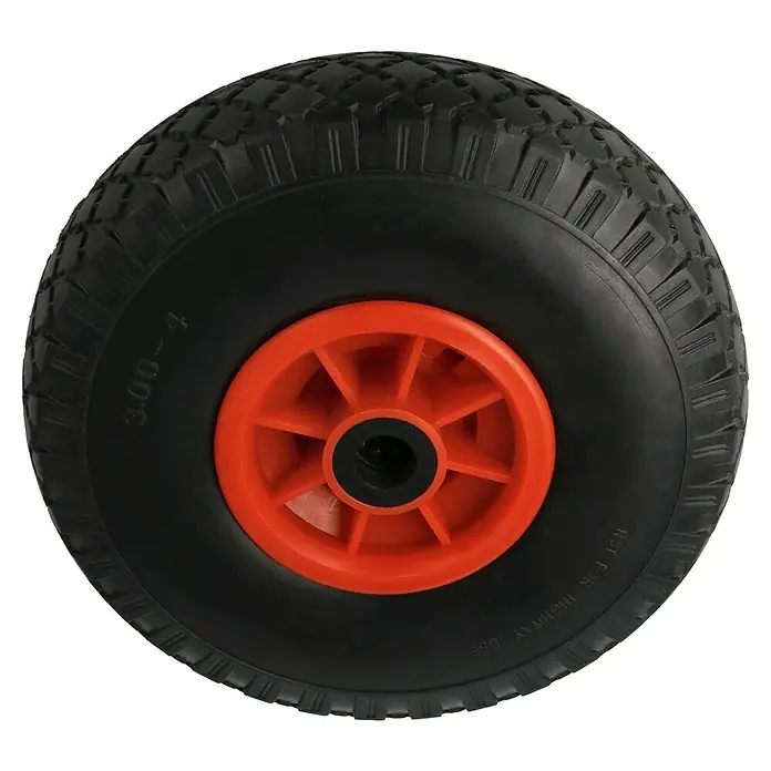 Sackkarren-Ersatzrad - Durchmesser: 26 cm, Traglast: 100 kg, Nabenbreite: 75 mm, Blockprofil - Schwarzes Rad mit orangefarbener Nabe. Das Rad ist nicht für den Einsatz auf der Autobahn geeignet. Größe: 3.00-4.