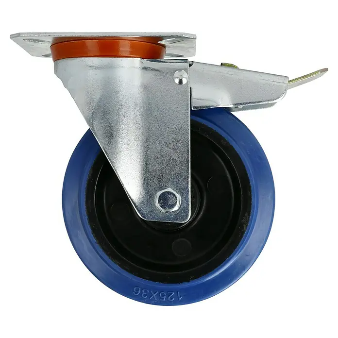 Dörner & Helmer Transportgeräterolle - Durchmesser Rollen: 125 mm, Traglast: 200 kg, Rollenlager, Mit Platte und Feststeller - Blaue Lenkrolle mit Bremse, ideal für Möbel und Geräte. Robuste Konstruktion für hohe Belastbarkeit und einfache Manövrierbarkeit.