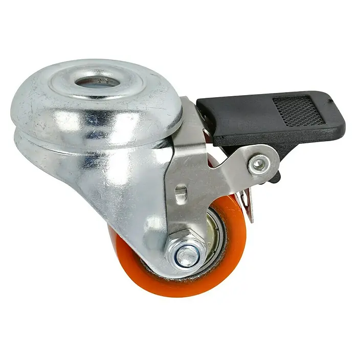 Dörner & Helmer Schwerlastrolle - Durchmesser Rollen: 35 mm, Traglast: 100 kg, Kugellager, Mit Rückenloch und Feststeller - Eine Nahaufnahme eines Schwerlastrollenrades mit Bremse, ideal für industrielle Anwendungen und Möbel.