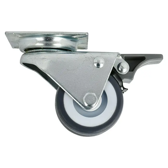 Dörner & Helmer Apparate-Doppelrolle - Durchmesser Rollen: 50 mm, Traglast: 80 kg, Gleitlager, Mit Platte und Feststeller - Lenkrolle mit Bremse. Die Schwerlastrolle ist verzinkt und hat ein Rad mit grauem Gummi und weißem Kern für hohe Belastbarkeit.