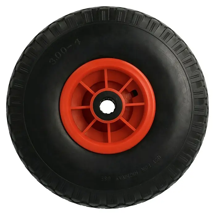 Sackkarren-Ersatzrad - Durchmesser: 26 cm, Traglast: 100 kg, Nabenbreite: 75 mm, Blockprofil - Nahaufnahme eines schwarzen Vollgummirads mit orangefarbener Felge. Ideal für Schubkarren und Gartengeräte, jedoch nicht für den Straßenverkehr geeignet.