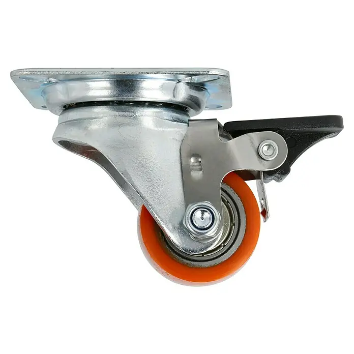 Dörner & Helmer Schwerlastrolle - Durchmesser Rollen: 35 mm, Traglast: 100 kg, Kugellager, Mit Platte und Feststeller - Ein detailreiches Bild eines Lenkrolle mit Bremse, das die robuste Konstruktion und die orangefarbene Rolle hervorhebt.