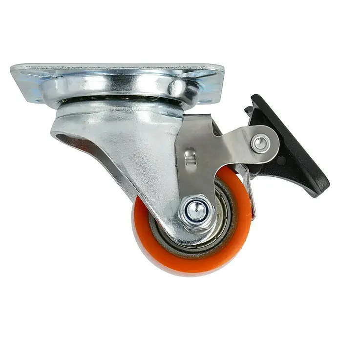 Dörner & Helmer Schwerlastrolle - Durchmesser Rollen: 35 mm, Traglast: 100 kg, Kugellager, Mit Platte und Feststeller - Schwenkrolle mit Bremse, robustes Metallgehäuse und orangefarbenem Rad. Ideal für Werkstattwagen und Möbel.