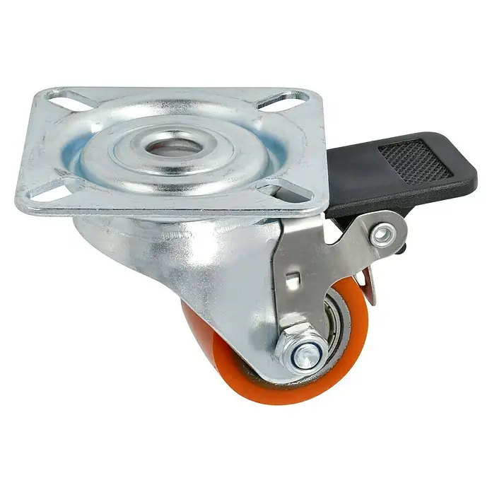 Dörner & Helmer Schwerlastrolle - Durchmesser Rollen: 35 mm, Traglast: 100 kg, Kugellager, Mit Platte und Feststeller - Lenkrolle mit Bremse. Die Rolle ist orange und hat eine silberne Halterung mit einer schwarzen Bremse.