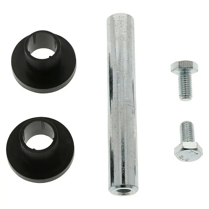 Dörner & Helmer Achszubehör - Nabenlänge: 75 mm, Bohrung: 20 mm - Produktansicht eines Satzes von Befestigungselementen, einschließlich einer Stange, zwei Hülsen und zwei Schrauben für verschiedene Montageanwendungen.