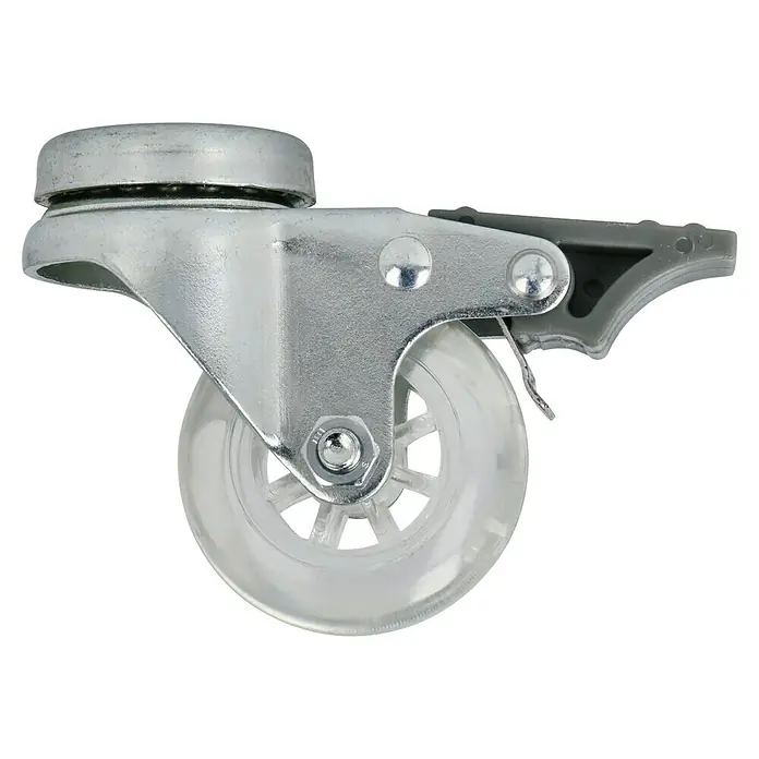 Dörner & Helmer Design-Lenkrolle - Durchmesser Rollen: 50 mm, Traglast: 40 kg, Gleitlager, Mit Rückenloch und Feststeller - Rollenfuß mit Feststellbremse. Robuster Rollenfuß aus Metall mit einer transparenten Rolle und Feststellbremse für sicheren Stand.